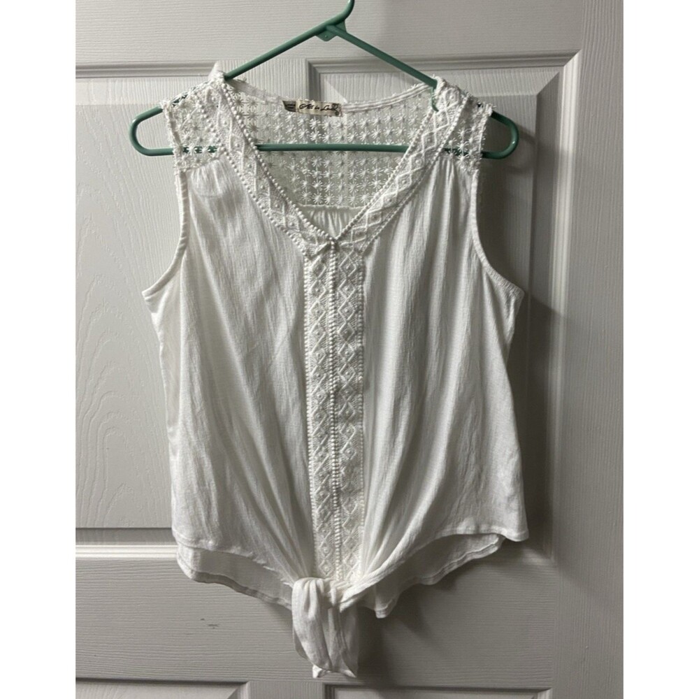 All in Love Vintage Womens Medium White Lacy Tie Front Tank Top Boho Coastal